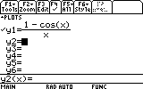 Graphing calculator screen displaying the function y1(x)=1−cos⁡(x)/x entered for plotting.